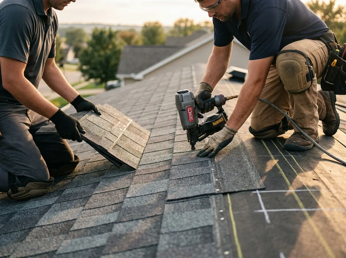 Professional roofer working on a residential roof in Martic
